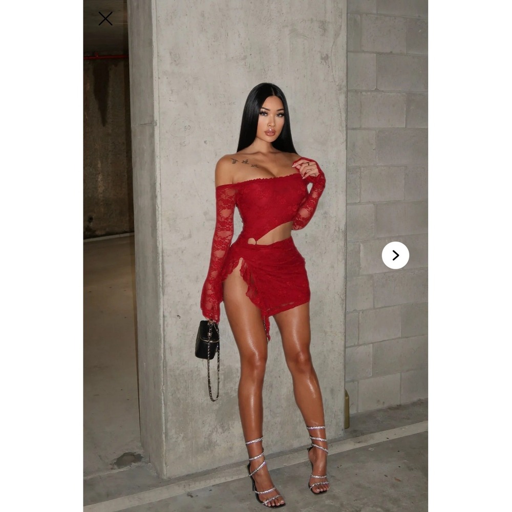 Fashion Nova One Of One Lace Mini Dress Red Off Shoulder Cutout Ring Detail S